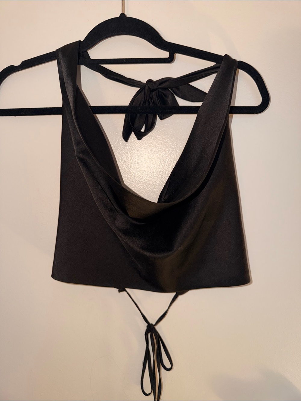 Amazon Black Satin Cowl Halter Crop Top